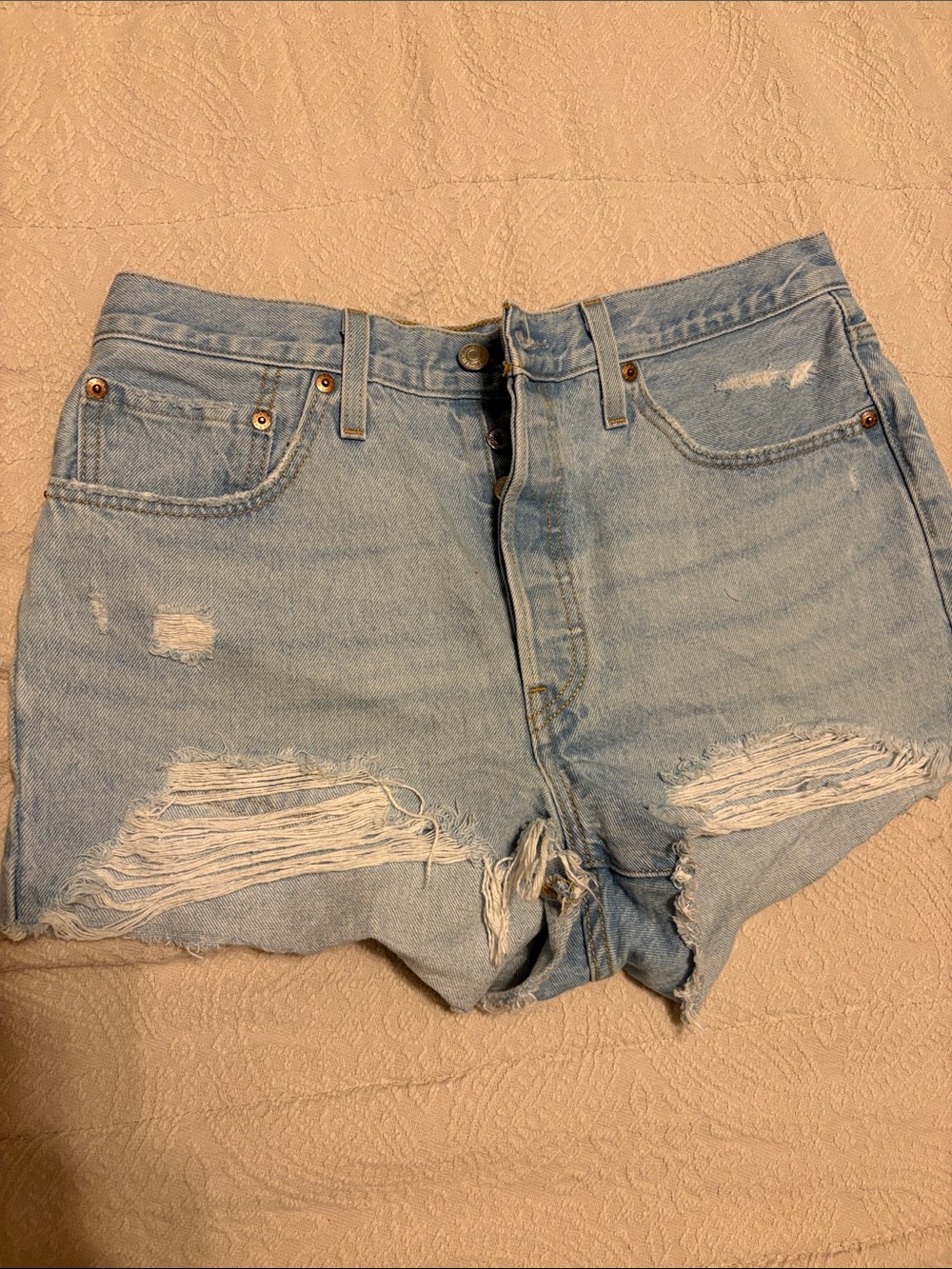 High-Rise Distressed Denim Shorts - Light Blue